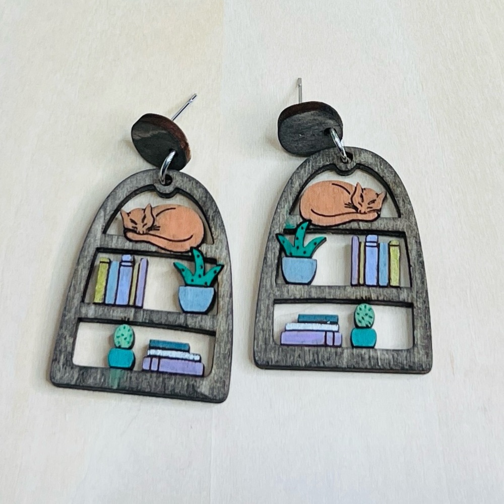 Book Nook Cat Earrings Sleeping Cat on Bookshelf Wood Stud Earrings Gift